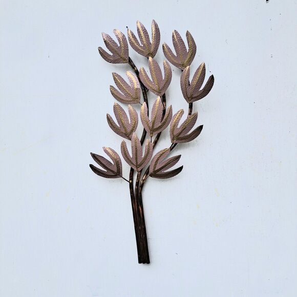 Vintage Blush & Gold Painted Twelve Aluminum Leaves Copper Branch Sculpture